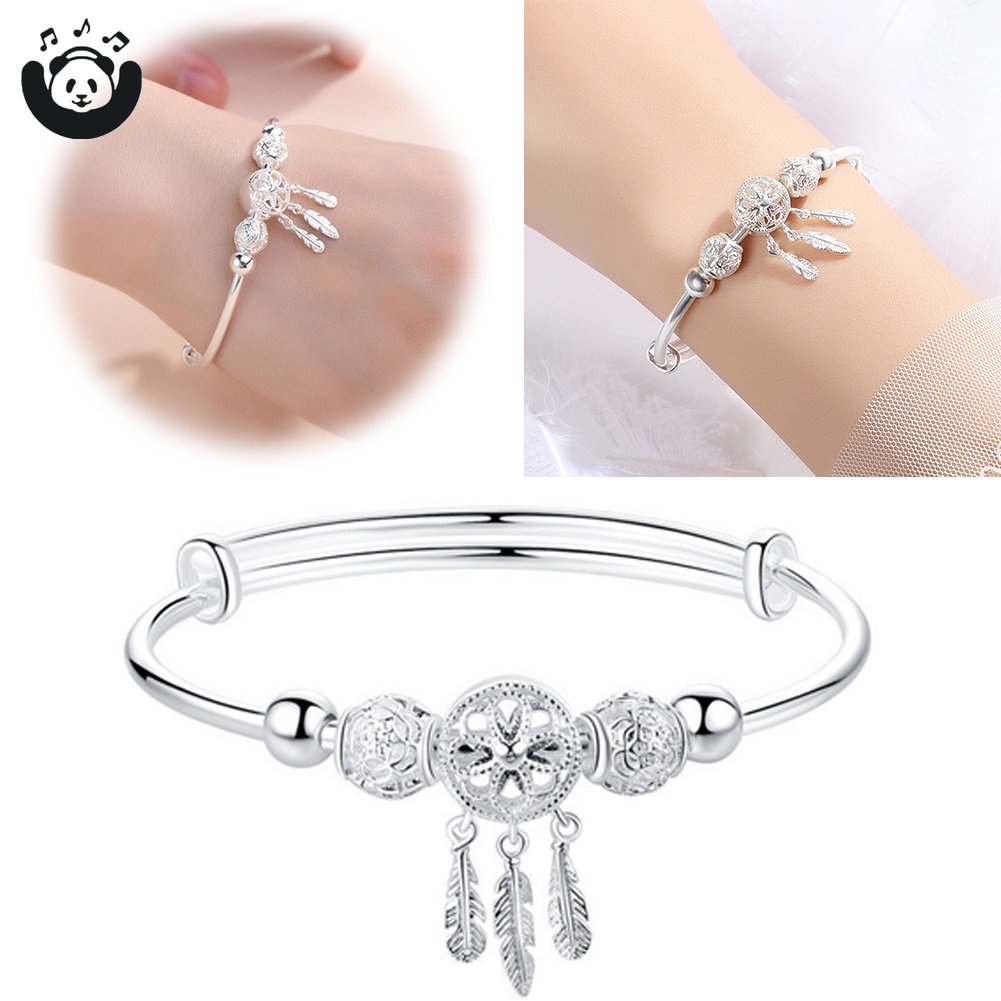Vòng Đeo Tay Bạc Sterling Hình Lưới Bắt Giấc Mơ Tua Rua Lông Vũ Thời Trang Cho Nữ
