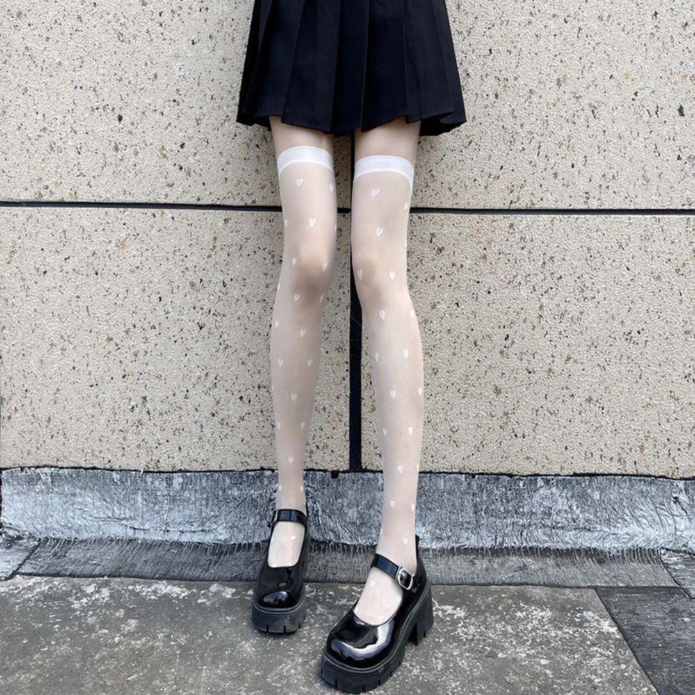 Vớ Lụa Đen Dài Qua Gối Thoáng Khí Họa Tiết Trái Tim Độc Đáo Phong Cách Nhật Bản