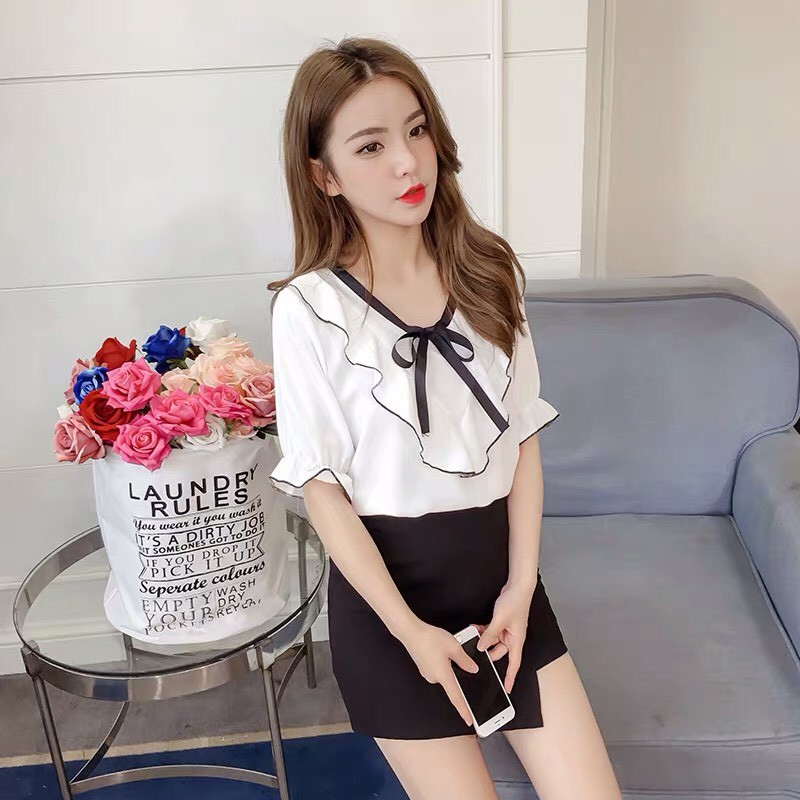 Áo Von Kiểu Cổ V Phối Bèo Kèm Nơ Nhỏ Xinh Xinh TTS0406