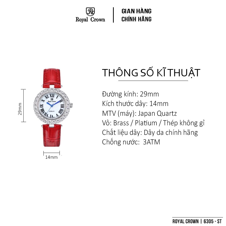 Đồng hồ nữ chính hãng Royal Crown 6305 dây da đỏ