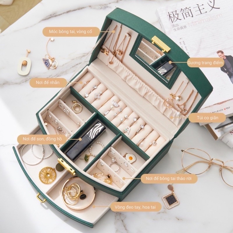 Hộp đựng trang sức 2 tầng có tay xách đa ngăn mẫu mới