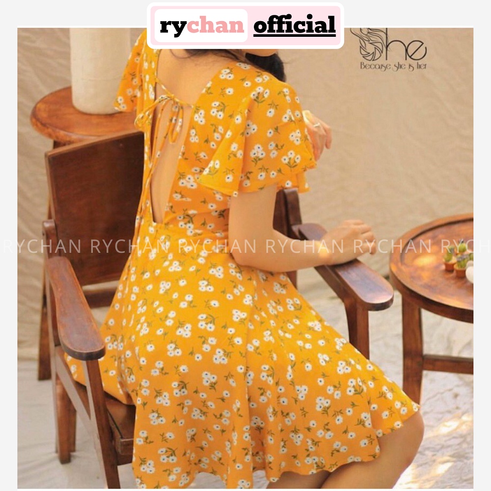 Đầm Xoè Vàng Hoa Nhí Nơ Lưng Vải Xịn [ẢNH THẬT CUỐI] - DX320