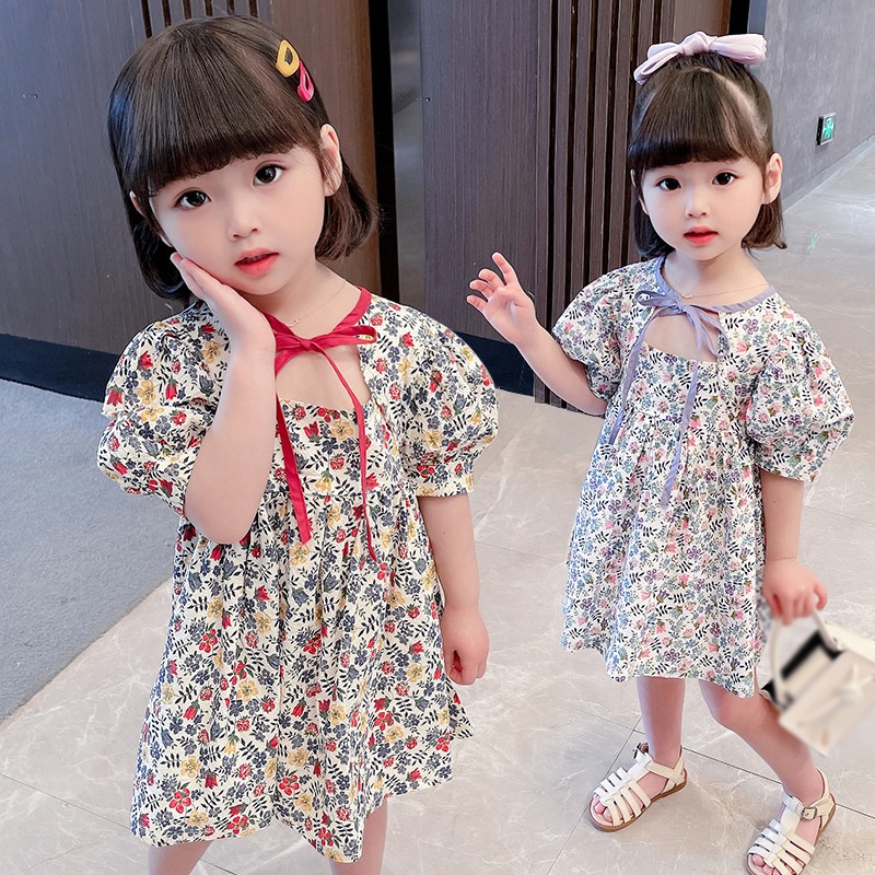 Đầm Công Chúa Chữ A In Hoa Thắt Nơ Eo Thời Trang Mùa Hè Cho Bé Gái 3-8 Tuổi