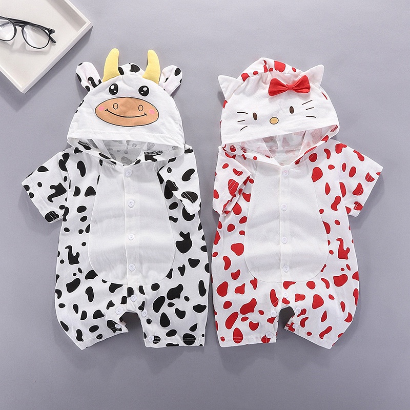 Áo Liền Quần Bằng Cotton Tay Ngắn In Hoạt Hình Dành Cho Bé Trai Gái 0-12 Tháng Tuổi