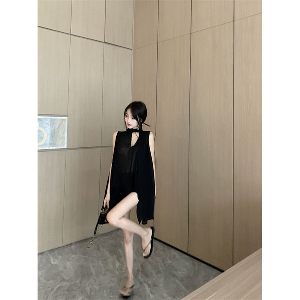 Áo cột dây ruy băng thời trang hè cổ V kiểu Pháp không tay dành cho nữ 2024