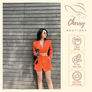 Set vest croptop nữ cherry áo blazer nữ quấn dây kèm quần đùi thiết kế cao cấp
