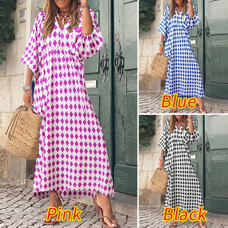 Đầm ZANZEA cổ tròn tay 3/4 họa tiết hình thoi phong cách Châu Âu cho nữ