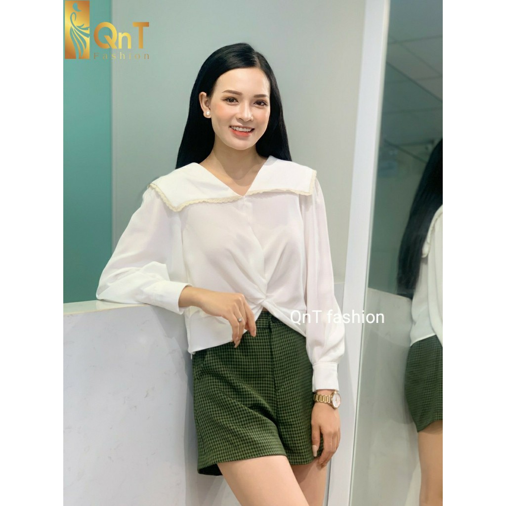 Áo sơ mi nữ-Áo Xoắn Eo Cổ Bản To Kẹp Ren Nhí