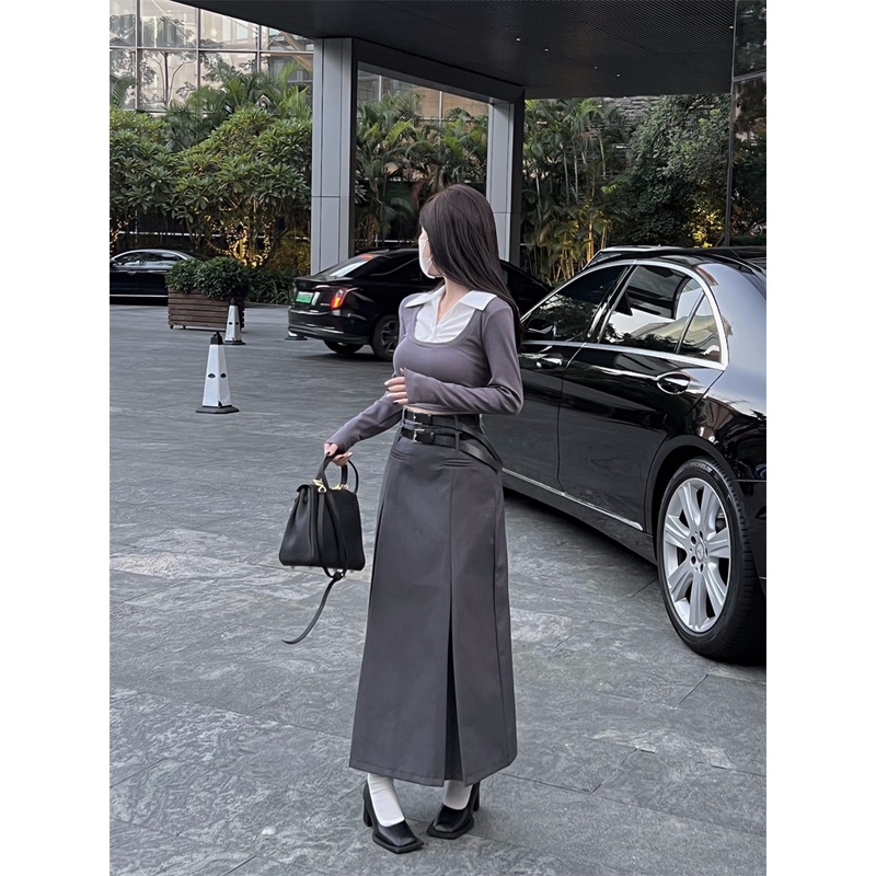 Bộ Áo Thun Tay Dài Giả Hai Lớp + Chân Váy Lưng Cao Thời Trang Dành Cho Nữ