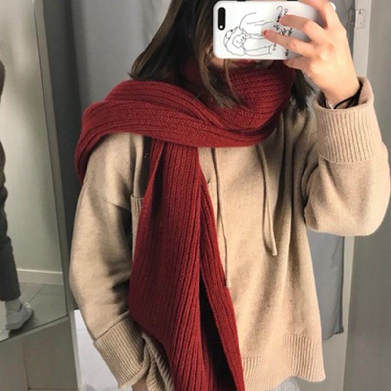 Khăn Choàng Len Dày Dặn Giữ Ấm Màu Đỏ Rượu Thời Trang Thu Đông Cho Nữ