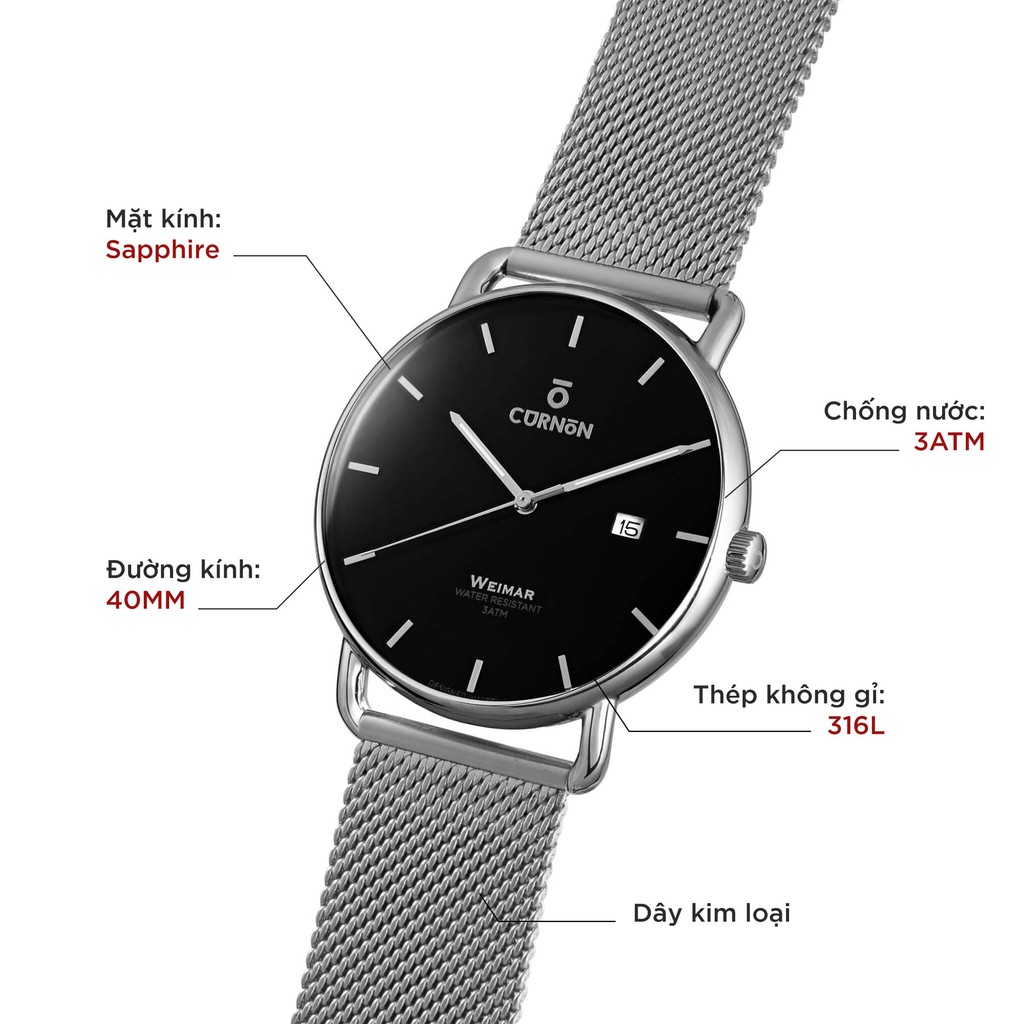 Đồng hồ nam Curnon Weimar Heinz dây kim loại chính hãng, thiết kế 3 kim thời trang | BigBuy360 - bigbuy360.vn