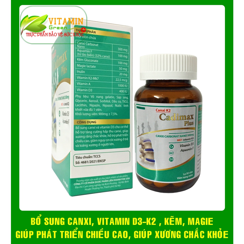 Canxi K2 CADIMAX Plus BỔ SUNG CANXI VITAMIN VÀ KHOÁNG CHẤT GIÚP CHẮC KHỎE XƯƠNG