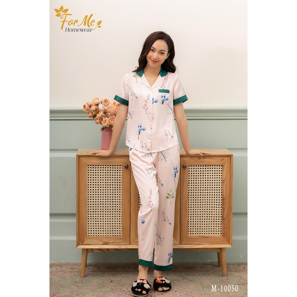 Bộ đồ ngủ, mặc nhà chất Lụa Giấy Luxury ngắn tay quần dài phối cổ họa tiết mã 10 ,forme pijama