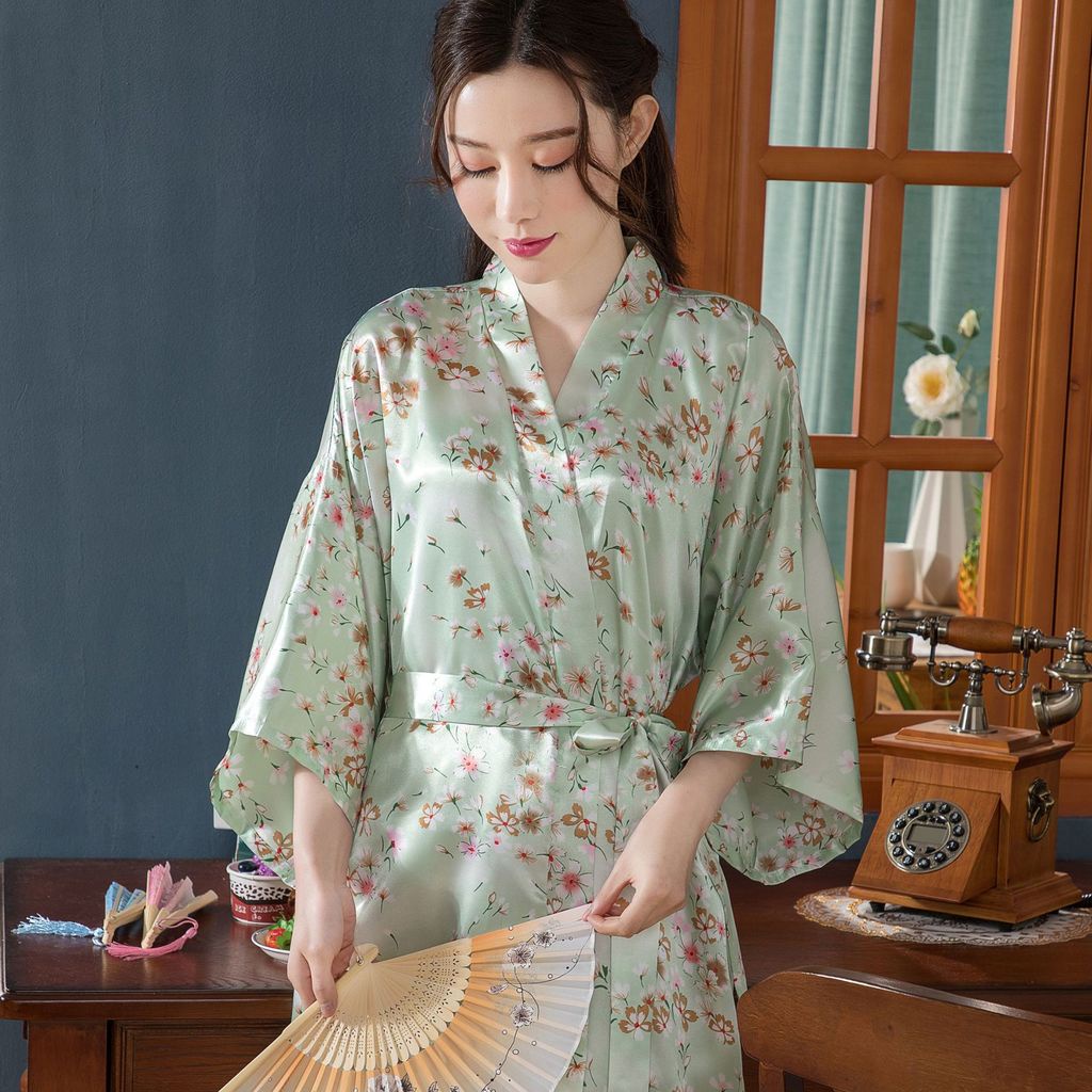 Áo Choàng Tắm Kiểu Kimono Bằng Lụa Lạnh Quyến Rũ Cho Nữ