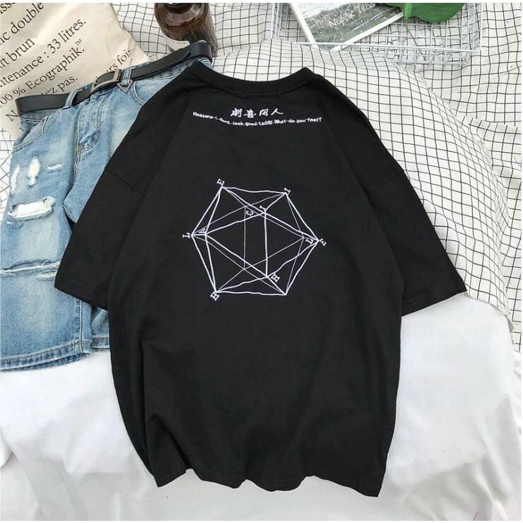 [ Ảnh thật ] Áo thun tay lỡ phông rộng họa tiết in lục giác hình học - Unisex nam nữ đều mặc được