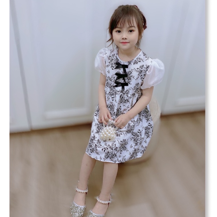 Váy đũi tơ công chúa tay bồng nơ ngực cao cấp bé gái 8-20kg