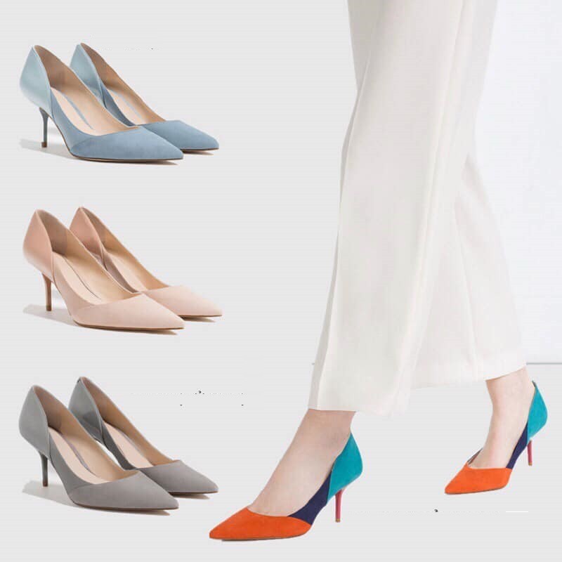 Giày cao gót xuất Âu da lộn phối da bóng 6cm hồng pastel, xanh pastel, xám size 37-38
