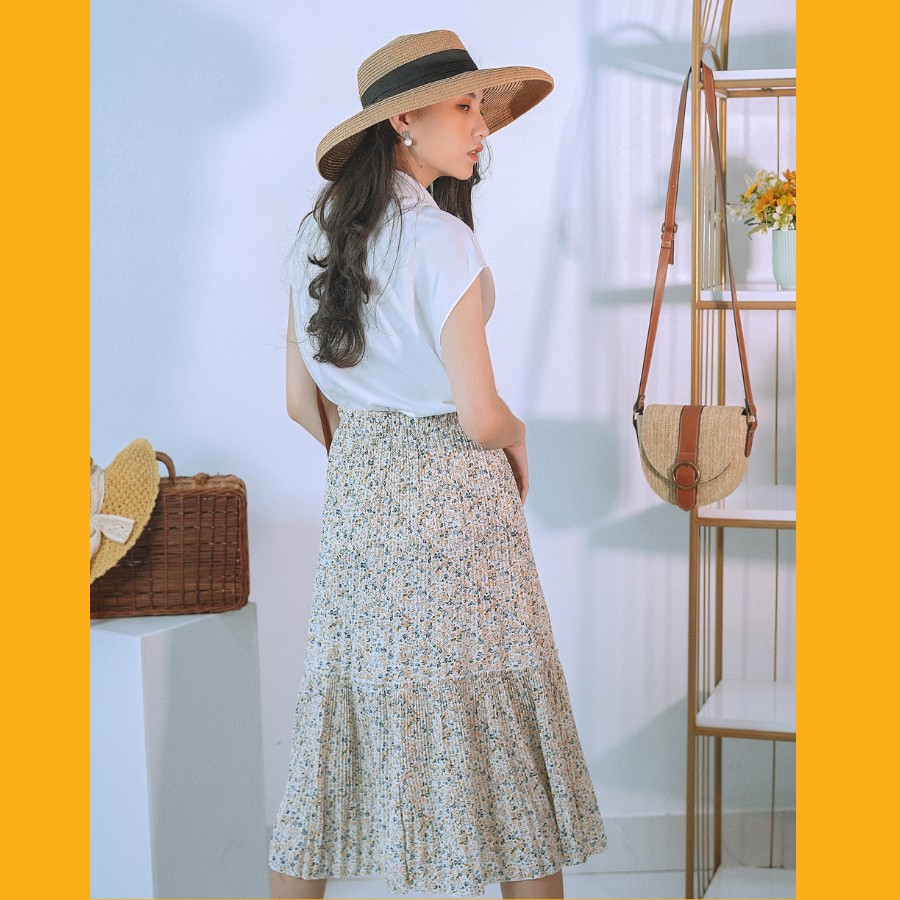 Chân váy hoa nhí dáng dài vintage xếp li 2 tầng nhiều màu hàng cao cấp | BigBuy360 - bigbuy360.vn