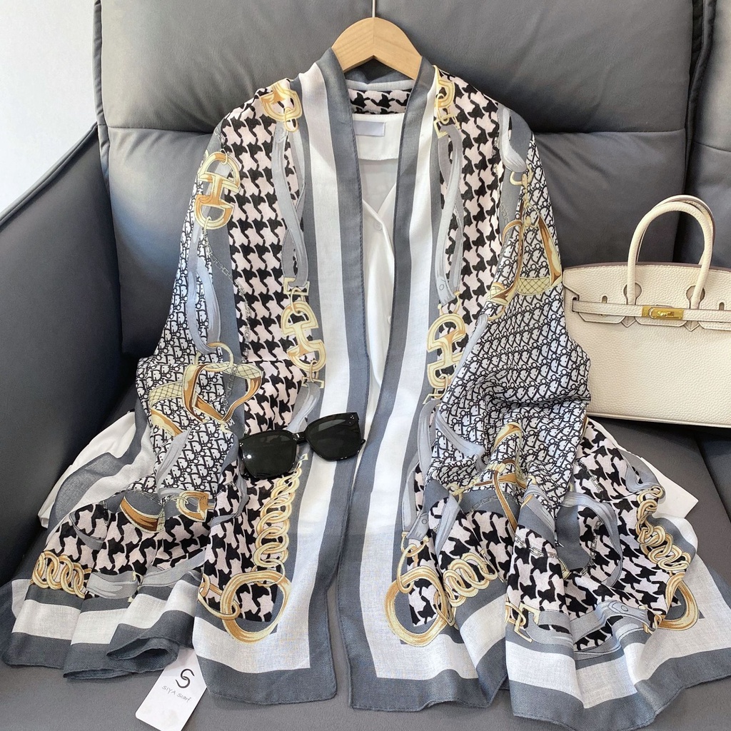 Khăn Choàng Lụa Cotton Lanh Chống Nắng Phối Dây Xích Phong Cách Âu Mỹ Thời Trang Cho Nữ Giao Hàng 24H