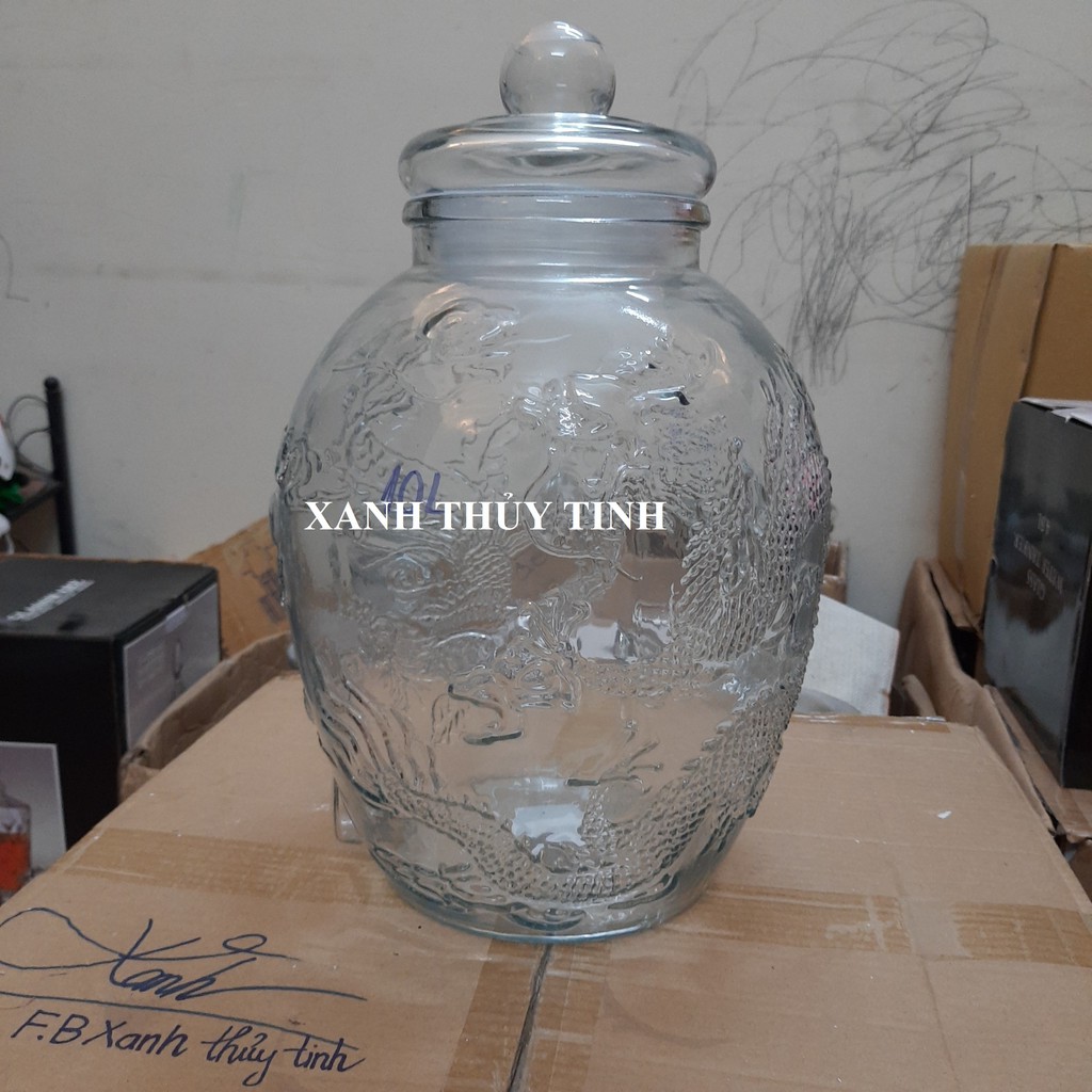 Chum thủy tinh họa tiết rồng phượng, dày dặn - Dung tích - 10 lít