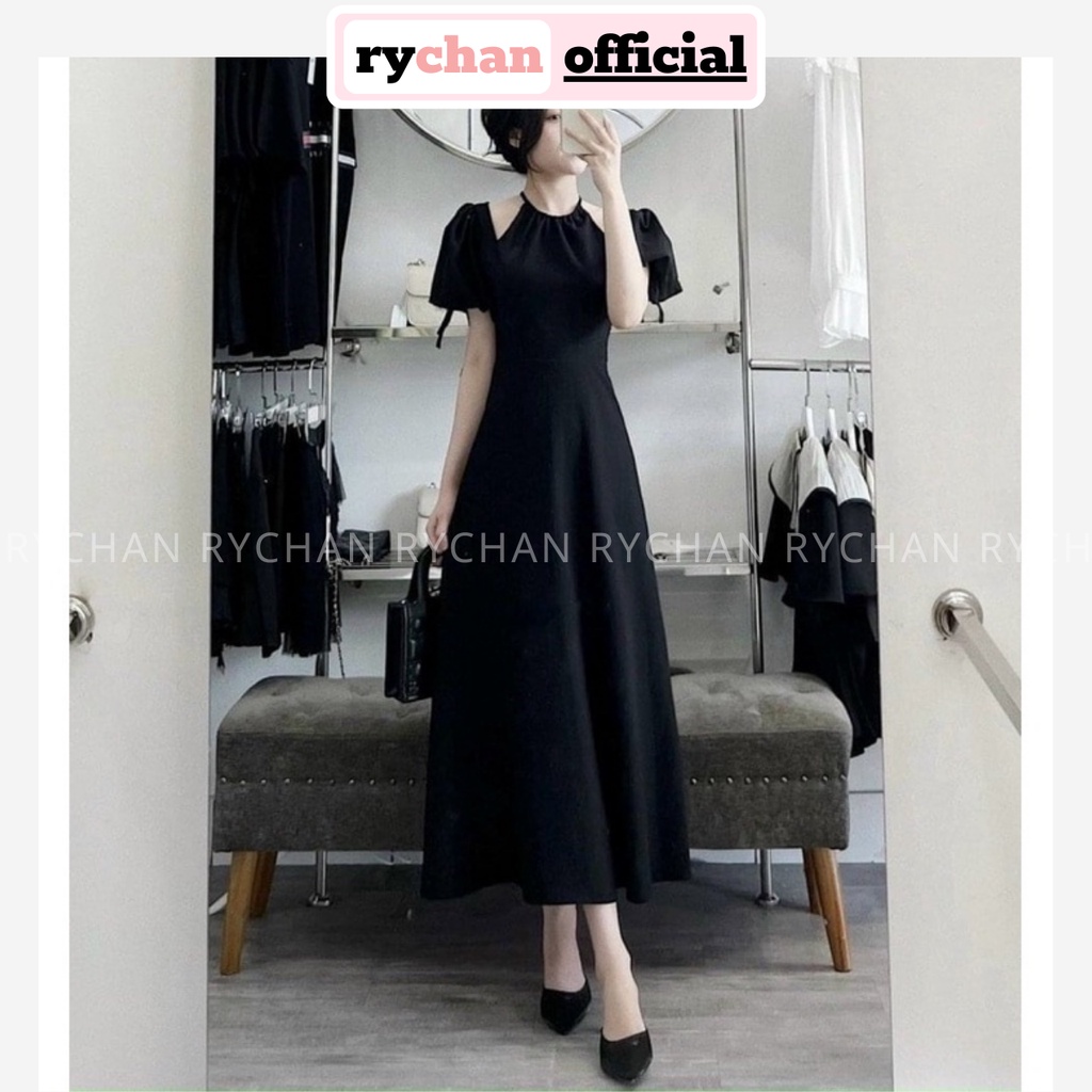 Đầm Váy Nữ Dự Tiệc Cổ Yếm Cách Tân Khoét Vai Tay Bo Dây Cổ Xưa Màu Xanh Đen Trắng [ẢNH THẬT CUỐI] - DX9729