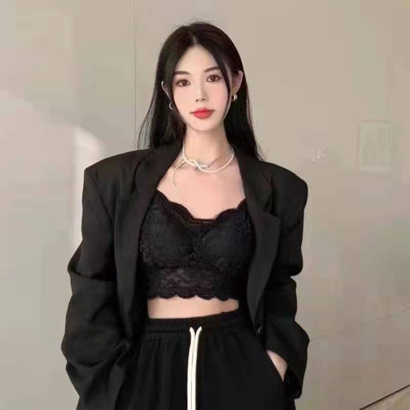 Brroa Áo Croptop Hai Dây Phối Ren Hoa Màu Trơn Có Đệm Ngực Phong Cách Vintage Cho Nữ