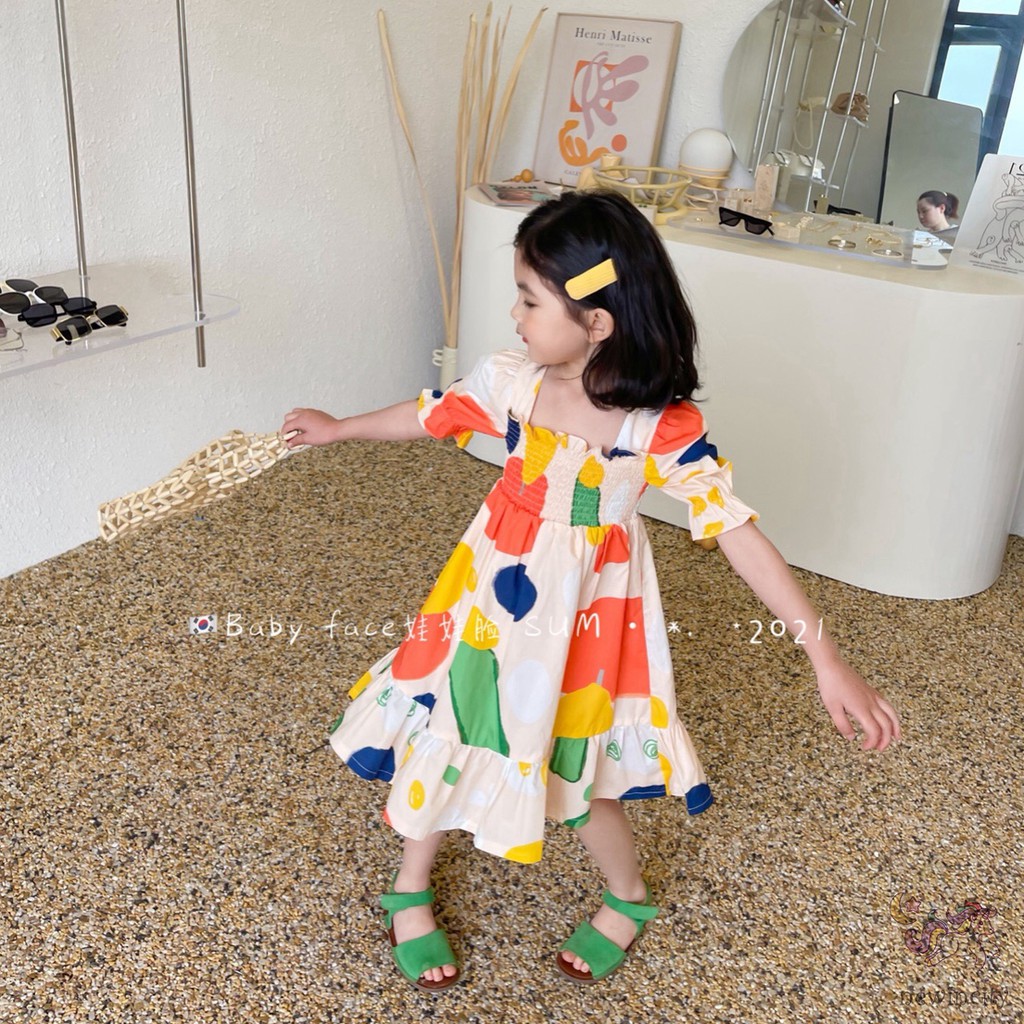 Đầm tay phồng cổ vuông in họa tiết thắt nơ phong cách Hàn Quốc thời trang dành cho bé gái