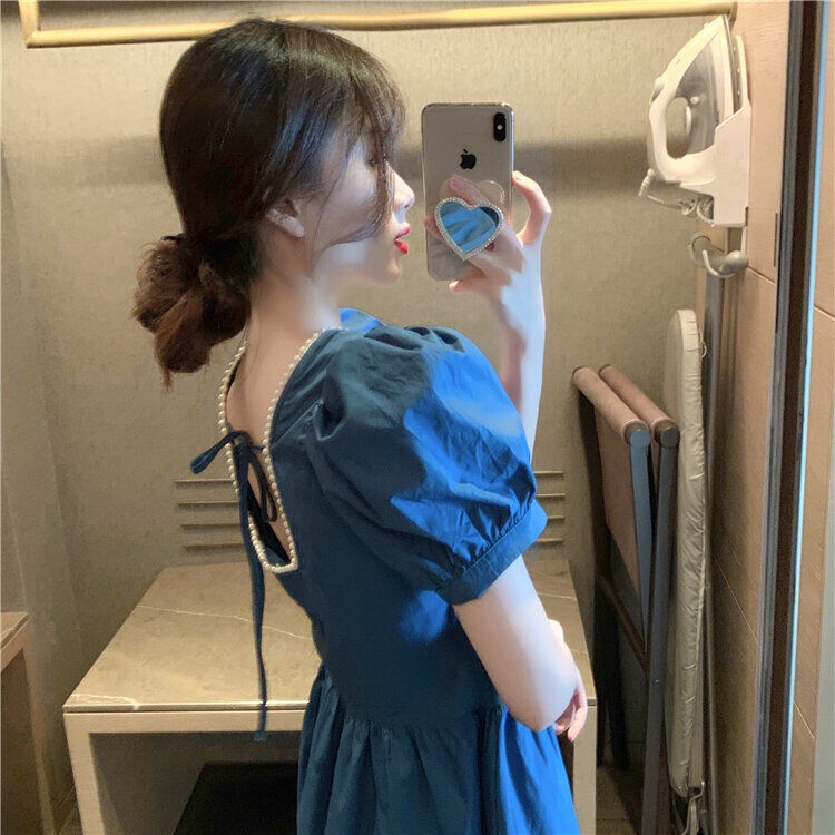 Đầm chữ A tay phồng cổ vuông đính ngọc trai giả phong cách Pháp cổ điển thời trang dành cho nữ