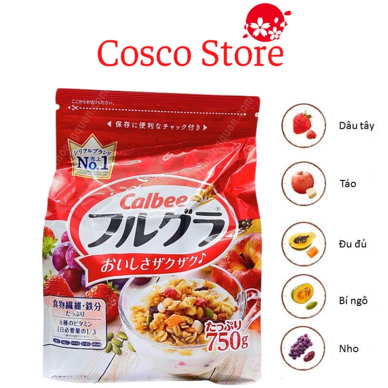 HSD 11 2022 Ngũ cốc Calbee Đỏ, Ngũ cốc hoa quả Calbee 750g Nhật Bản