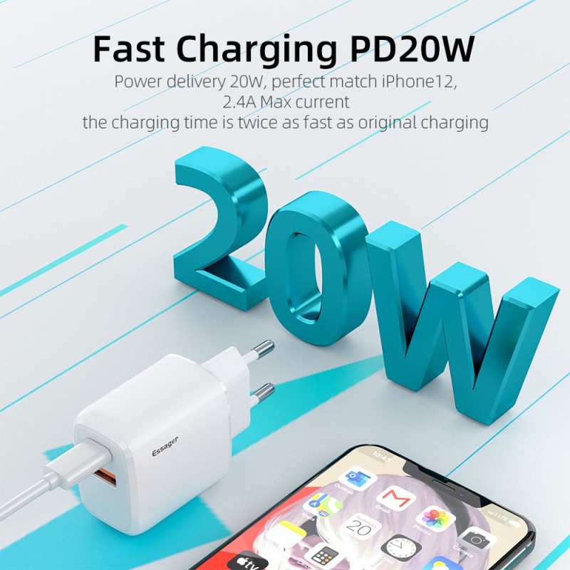 ESSAGER Cốc Sạc Nhanh 20w Usb Type C Cho Iphone 12 Pro Max Pd