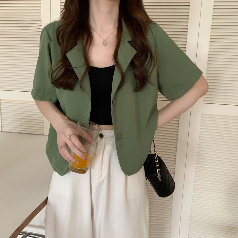 Áo khoác blazer nữ basic không túi màu pastel crotop vest công sở sinh viên hàn quốc áo vét cổ tim