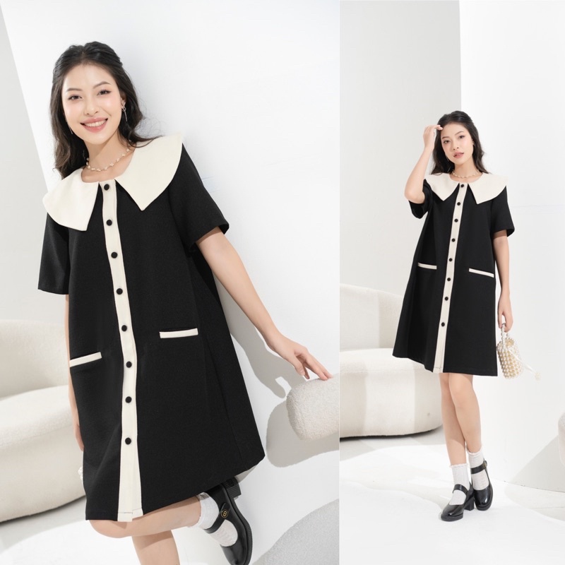 Đầm tweed dáng suông A phối cổ bản to nẹp viền cúc bọc