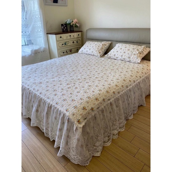 Set ga gối phủ trần bông cotton viền bèo ren 2021 - 3 món tiểu thư - hàng loại 1