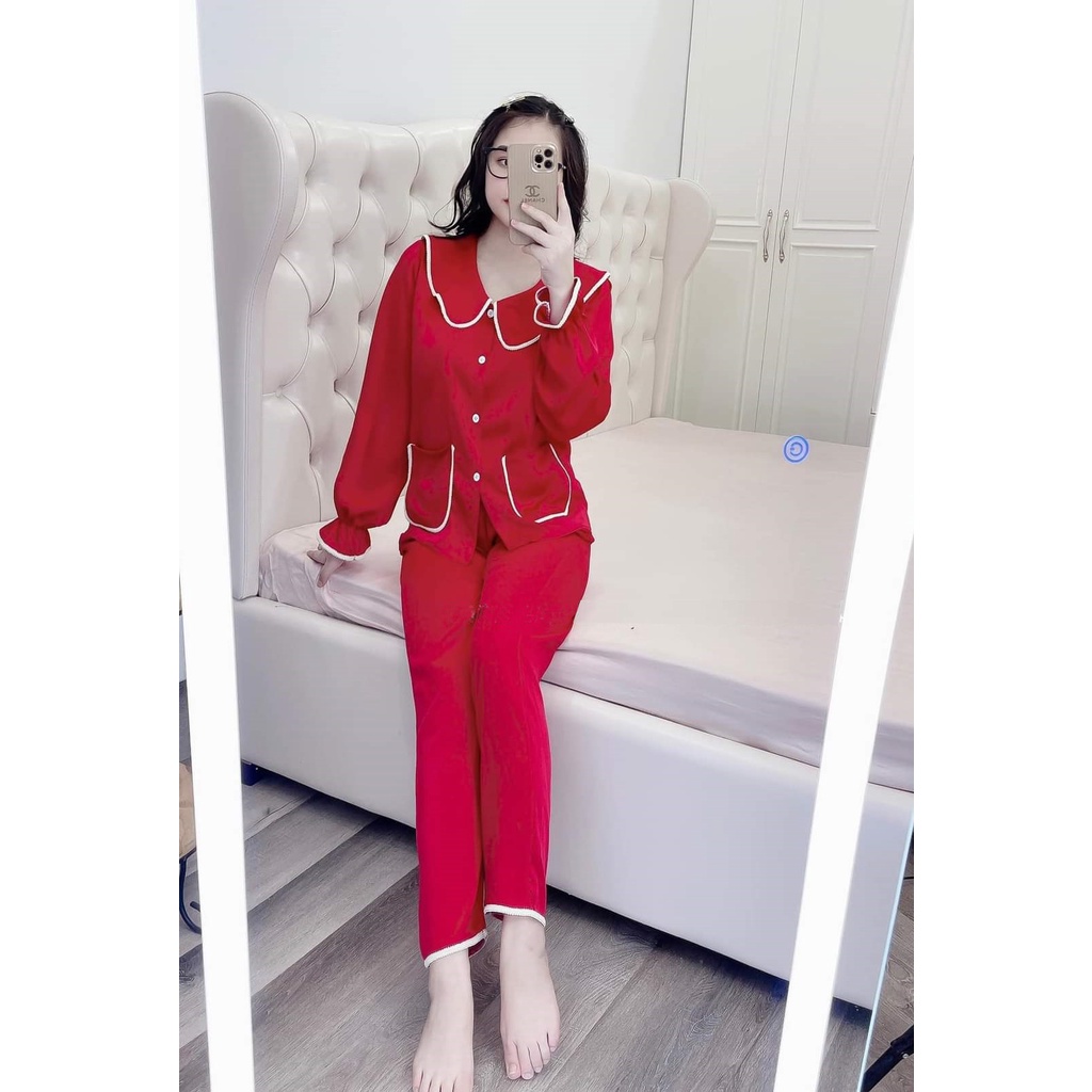 Bộ pijama lụa dài tay cổ sen♥️chất lụa tằm thái cao cấp♥️mềm mịn♥️phối siêu đẹp, tỉ mỉ♥️bao đẹp♥️không nhăn nhàu