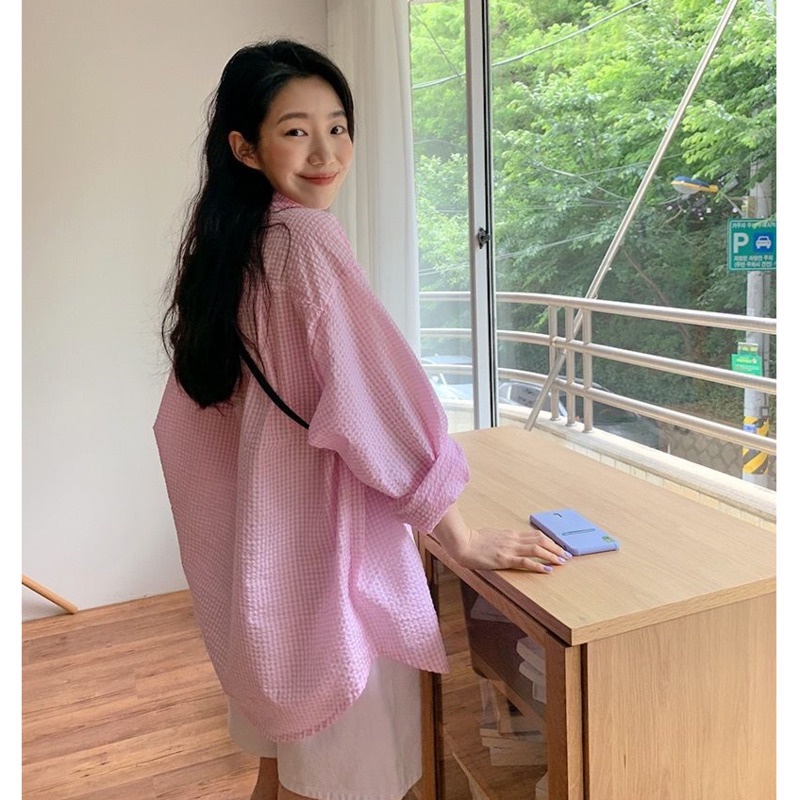 Áo Khoác cotton Dáng Dài Họa Tiết Sọc Caro Phong Cách Hàn Quốc Thời Trang Mùa Xuân Cho Nữ