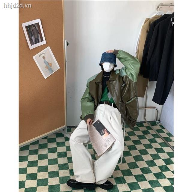 Áo khoác da C2 dáng rộng ghép nối màu nổi thời trang thu đông Mỹ 2021 cổ điển làm tại nhà cho nam và nữ