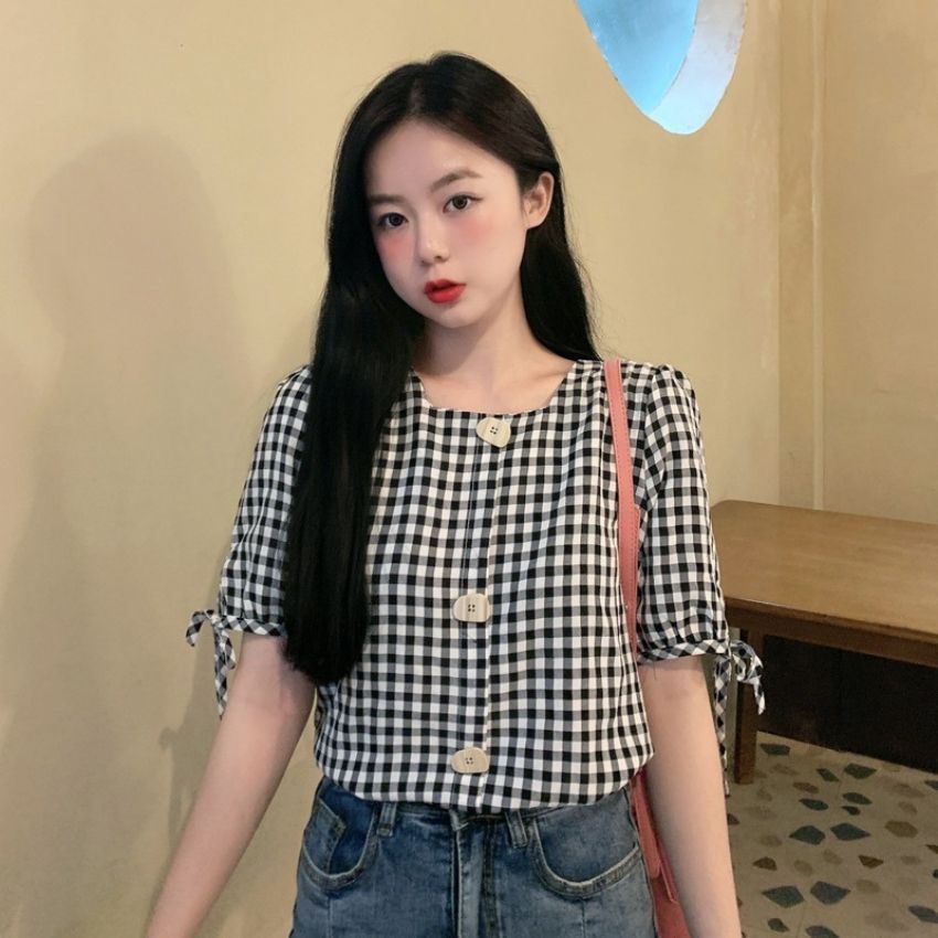 Áo sơ mi nữ tay ngắn thiết kế kiểu cổ vuông, áo sơ mi nữ sọc caro tay phồng ngọt ngào và xinh xắn - Kemi