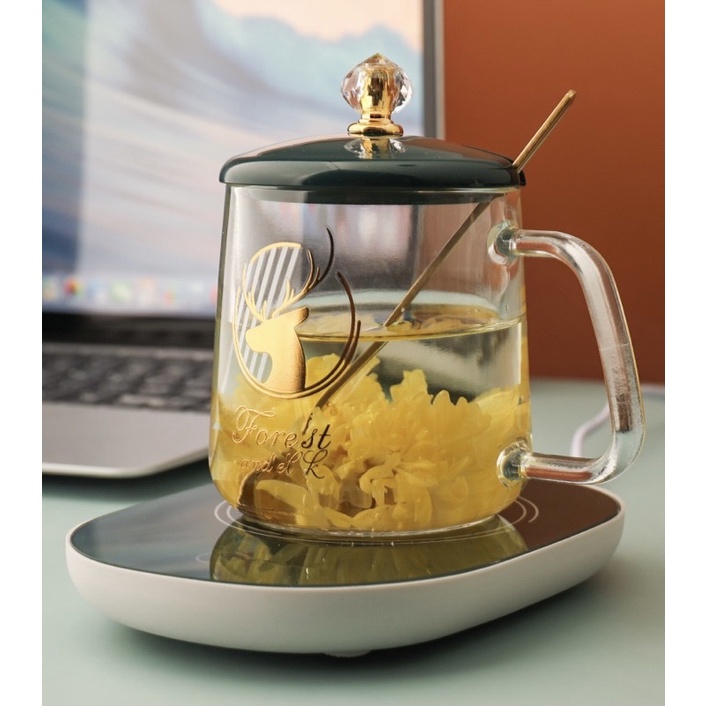 Cốc Hâm Nóng Bằng Thủy Tinh Kèm Đế Điện Hâm Nóng Cafe, Sữa, Trà Tặng Kèm Thìa Mạ Vàng Cam Homeware