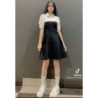 Váy cổ trắng đan eo chất đũi lụa MEMN 010