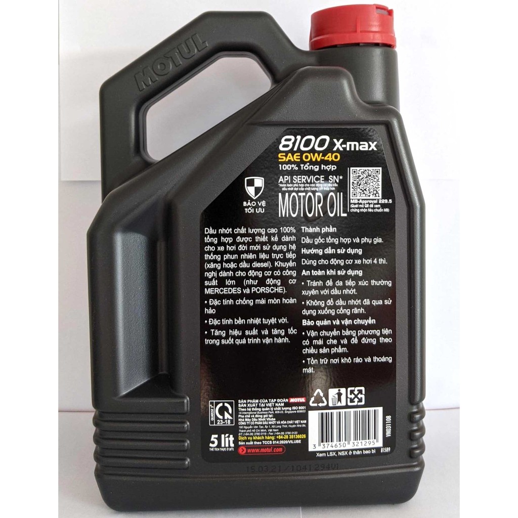 Nhớt 10.000km Motul 8100 X-MAX 0W40 Tổng Hợp Cao Cấp Nhất Cho Xe Hơi Máy Xăng, Dầu (5L)