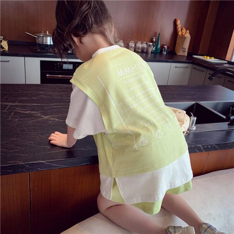 Áo Thun Tay Ngắn Giả Hai Mảnh Dáng Rộng Vải Cotton Thời Trang Xuân Thu Cho Bé Gái