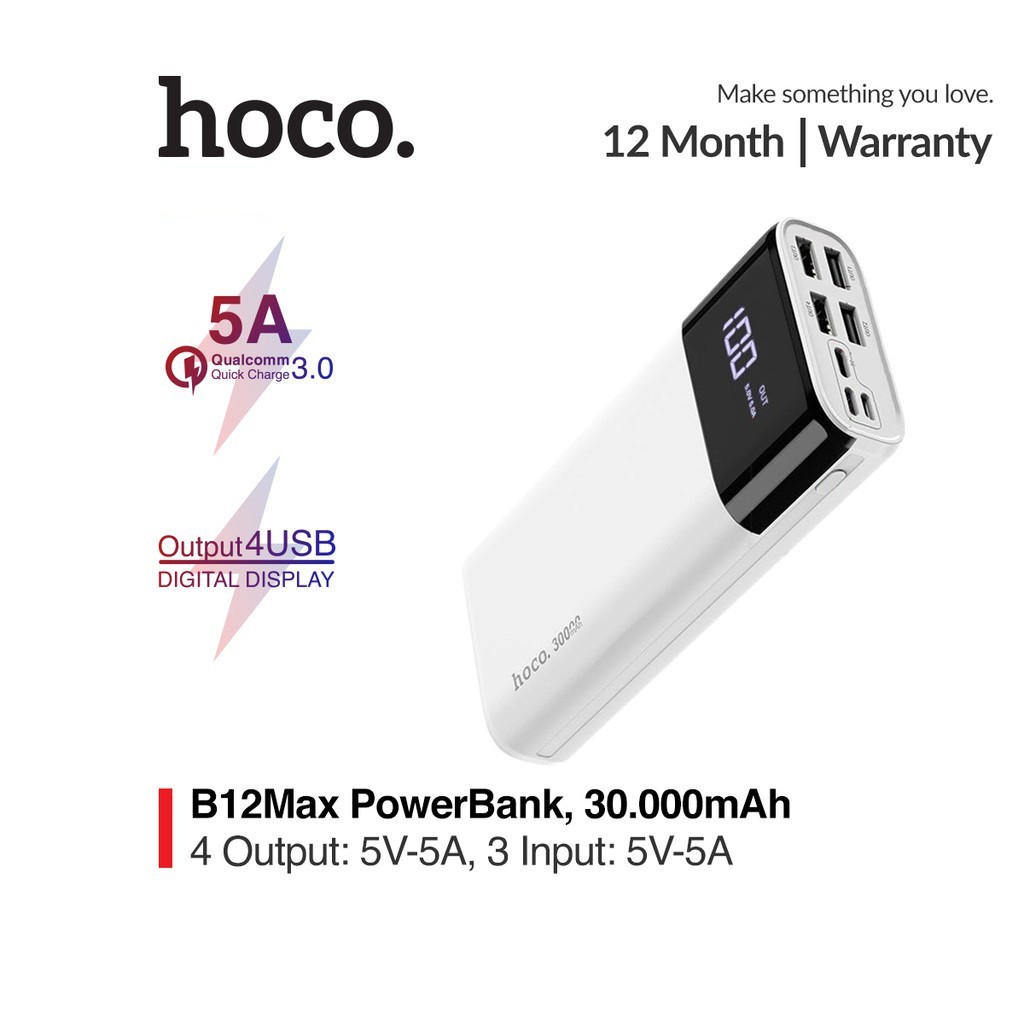 Pin dự phòng sạc nhanh 5A Hoco B12 Max dung lượng 30000 mAh tích hợp màn hình LCD