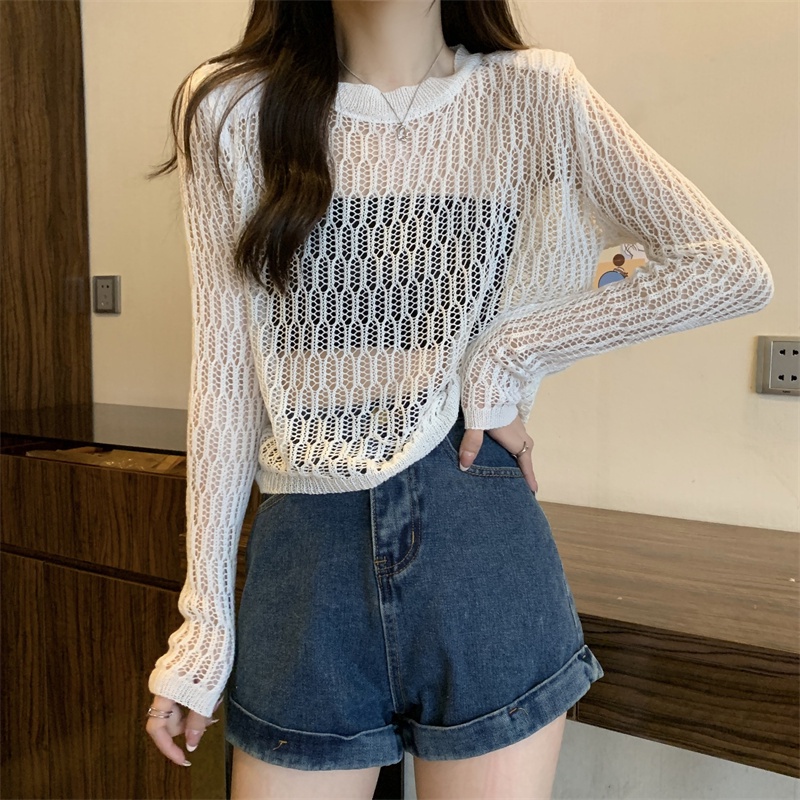 SUXI Áo Dệt Kim Tay Dài Cổ Tròn Hở Vai Màu Sắc Trơn Dành Cho Nữ