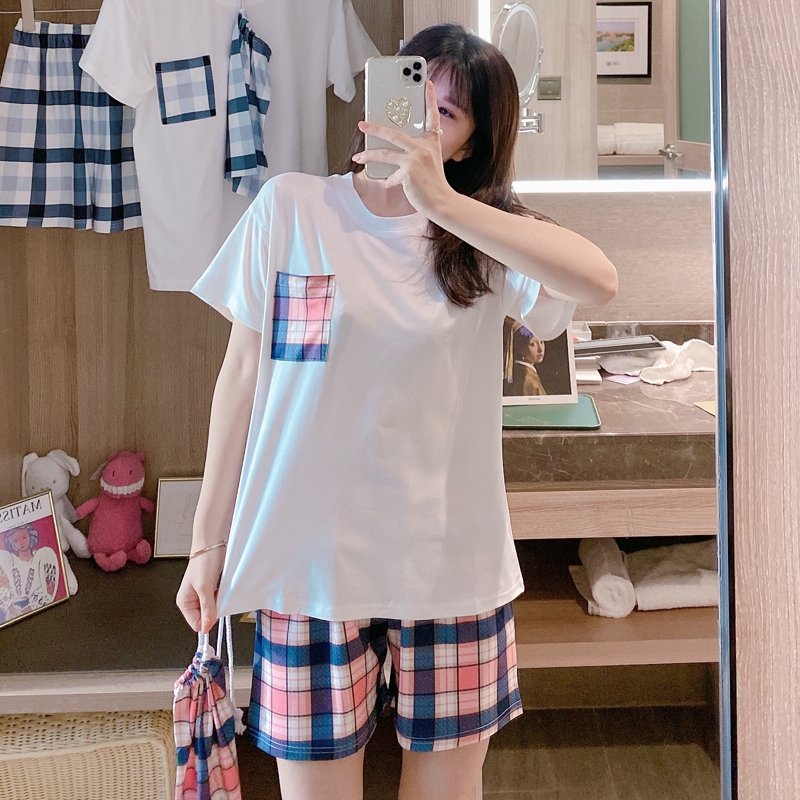 summer young girl korean fashion print short-sleeved T-shirt and plaid print shorts home wear pajama set 2 pieces | BigBuy360 - bigbuy360.vn