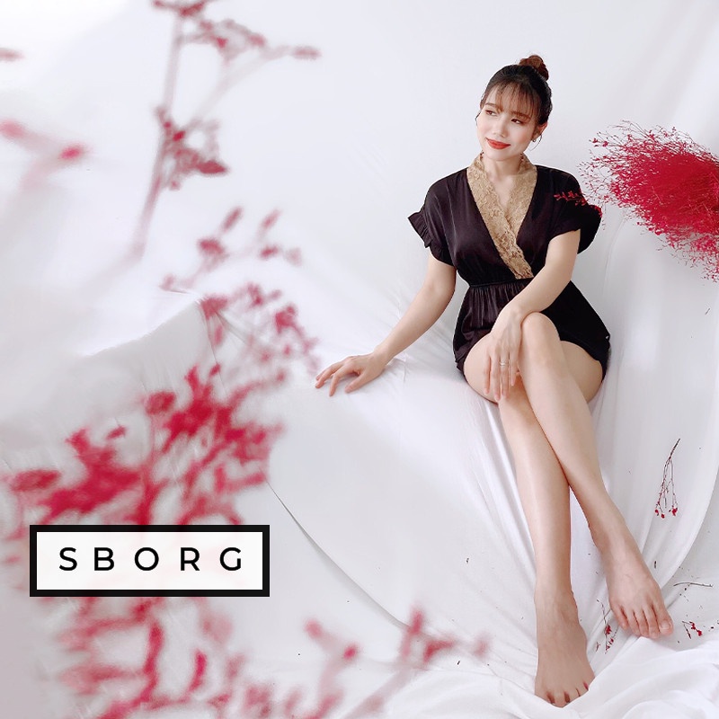 Đồ ngủ lụa SBORG đồ bộ cao cấp mặc nhà lụa latin mềm mịn tay liền sang trọng cổ V viền ren sexy quà tặng vợ