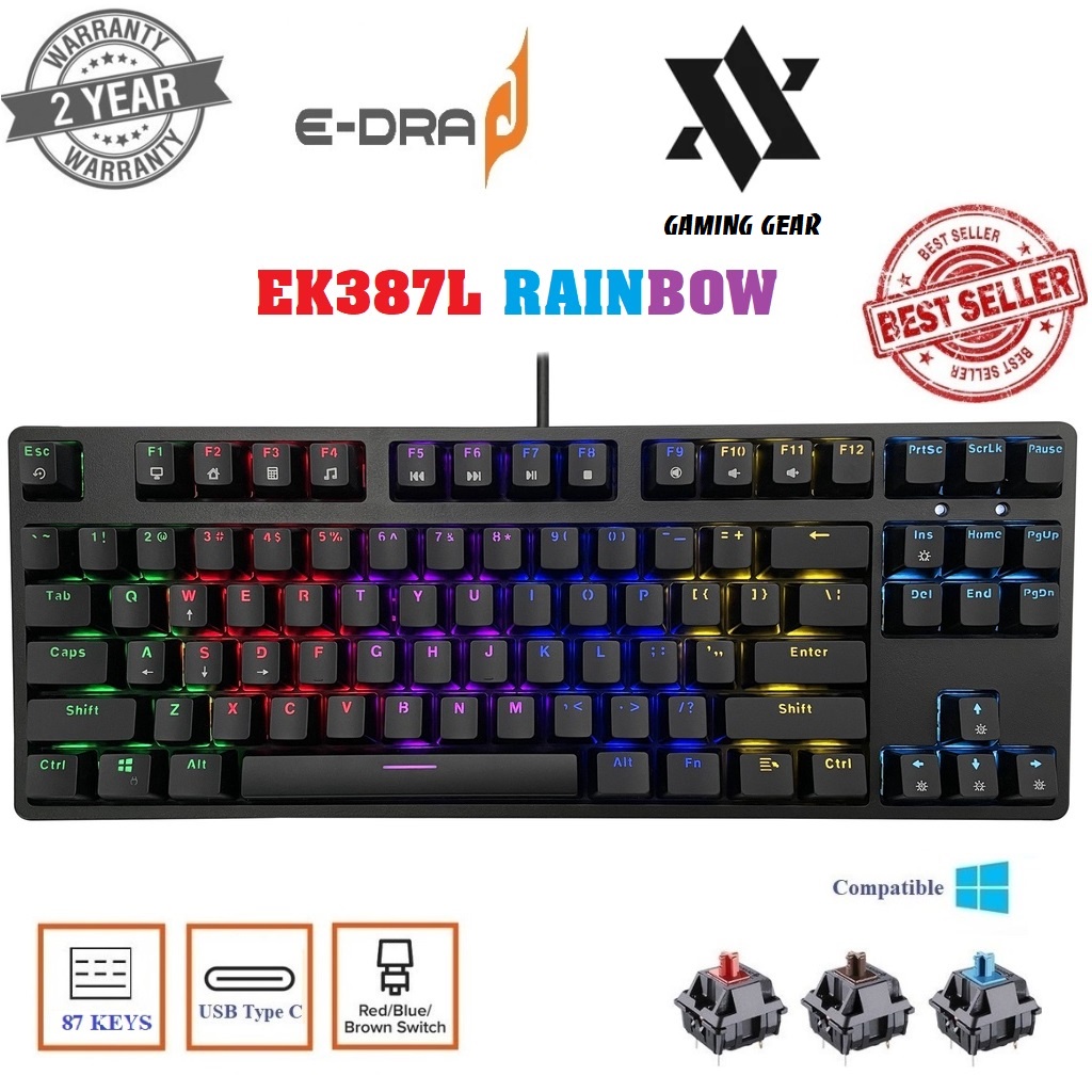 Bàn phím cơ gaming E-DRA EK387L led Rainbow, cáp type C, - Bản mới 2022  HÀNG CHÍNH HÃNG