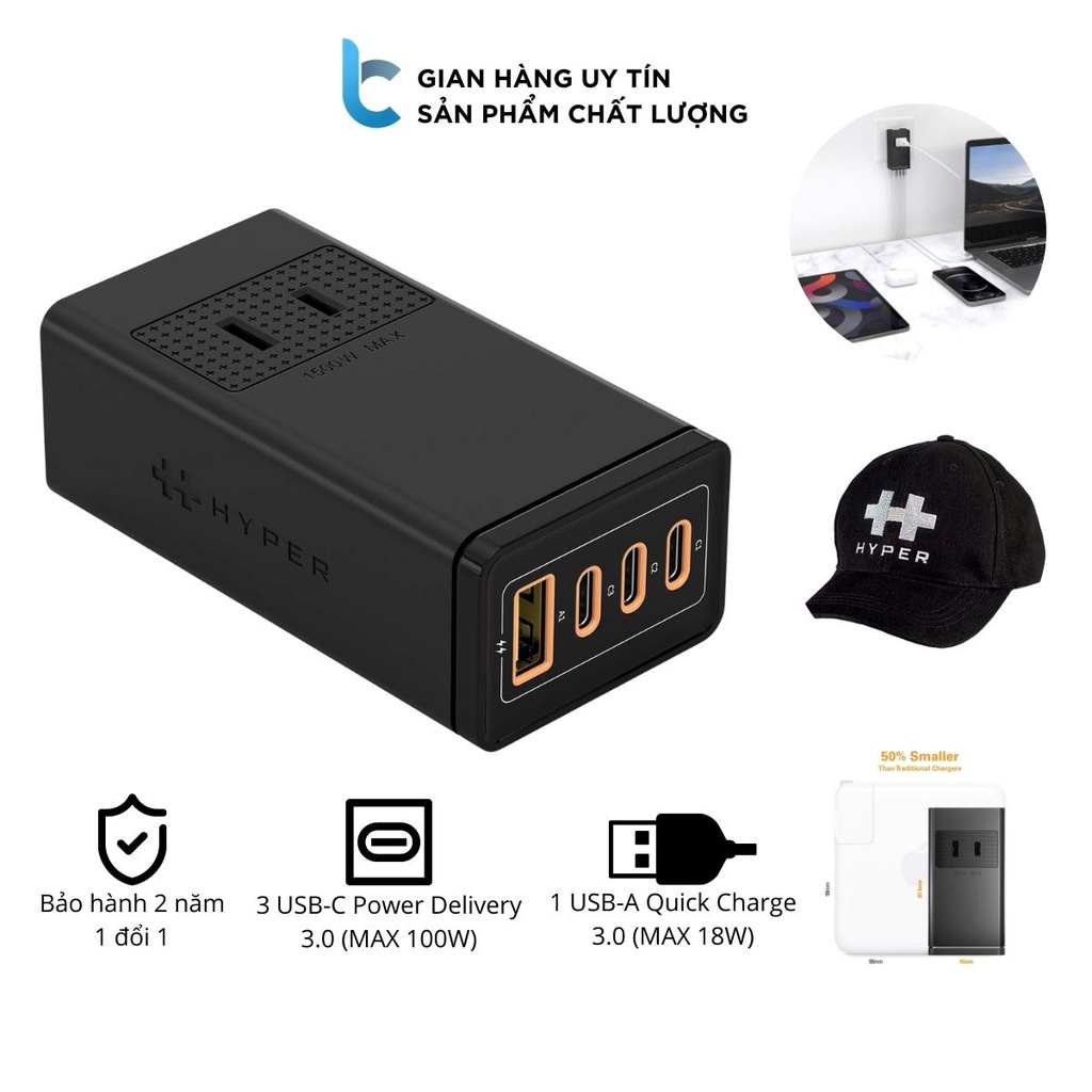 Sạc Đa Cổng HyperJuice GaN 100W 3C1A Stackable Tặng Kèm Nón Hyper