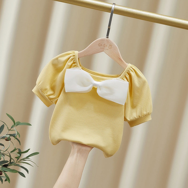 Áo Thun Tay Ngắn Màu Trơn Thắt Nơ Thời Trang Hè Hàn Quốc Mới 2022 Cho Bé Gái