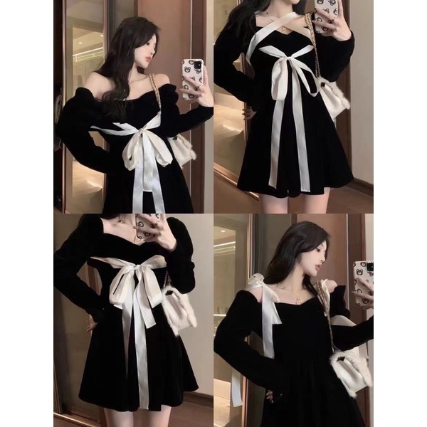 Váy Babydoll Nhung Buộc Nơ Trễ Vai Hàng QC ảnh thật cận chất Kaylee | BigBuy360 - bigbuy360.vn