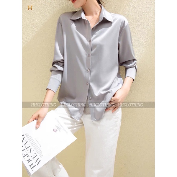 Áo sơ mi lụa trơn dáng basic rộng rão, trẻ trung HH Clothing